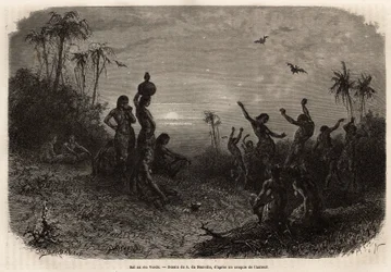 The moonlight ball, which closes the 18 year anniversary ceremony and the wedding of a young Indian man from Rio Verde (Brazil). Engraving to illustrate the voyage to New Granada, by Dr. Saffray, in 1869, published in “Le tour du monde” 1873, edited by Edo
