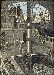 The navigator Christopher Columbus (1451-1506) aboard his caravel.