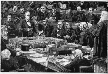 The Oath of English Depute Charles Bradlaugh to the House of Commons on 21 February 1882 (engraving)