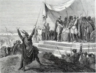 The oath of the two brothers before their armour: Charles II the Bald and Louis II the Germanic take the oath against Lothaire I (Oaths of Strasbourg 842). Engraving of the 19th century.