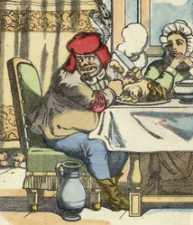 The ogre at the table, feels the presence of Little Poucet and his brothers. Illustration of the tale 