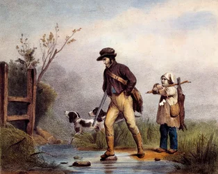 The passage has hunters crossing a watercourse on foot. Lithograph of the 19th century Gien, hunting museum