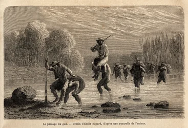 The passage of the gue, the Siriniris Indians, spontaneously propose to carry on their shoulders the members of the expedition, in order to make them cross the ponds formed at the foot of Mount Basiri (Peru). Engraving to illustrate the voyage in the valle