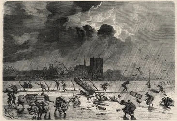 The pier at the corner of the Saint Michel bridge in Paris during the hurricane of March 8. Engraving in 