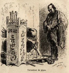 The pipe tapping machine in his workshop, he uses to tap the pipes a simple board drilled with holes of unequal size, set in iron spiral. Engraving to illustrate the journey to Japan, by Aime Humbert, minister of the Swiss Confederation, in 1863-1864, publ