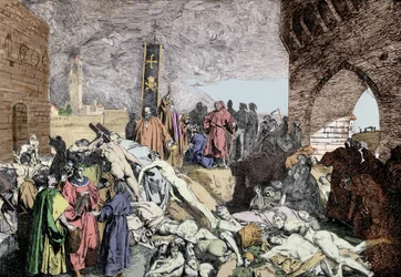 The plague of 1348 in Florence, Italy. At the bottom left, Petrarch, Italian poet and humanist of the Renaissance, wearing a laurel wreath, talks with other people.