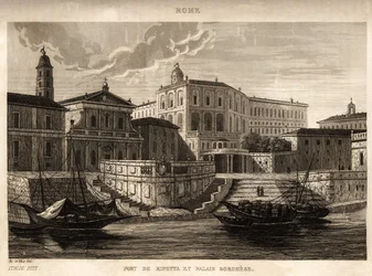 The port of Ripetta and the Borghese Palace in Rome, engraving by Ch. de Vene, in 
