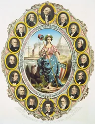 The presidents of the United States with the symbol of America in the middle. Up, Washington and down Abraham Lincoln. Poster published at the inauguration of Lincoln