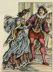 The prince invites Cinderella to dance. Illustration of Charles Perrault