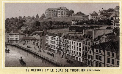 The refuge and quay of Treguier in Morlaix (Finistere, Brittany). Chromolithography of the late 19th century