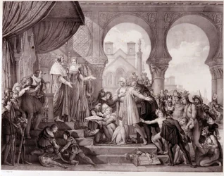 The return of Christopher Columbus to Spain before King Ferdinand II of Aragon and Isabella I of Castile after discovering America. Engraving of the 19th century