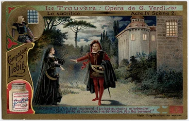The sacrifice act IV scene 2. Illustration for the opera Il trovatore by Giuseppe Verdi (1813-1901). Chromolithography (Chromo) Liebig from the end of the 19th century.