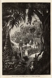 The season celebrations in Luang Prabang, royal capital of Lan Xang (kingdom of the million elephants) (present-day Laos), consisting of a procession of the inhabitants and a pagoda of worship throughout the city. Engraving to illustrate a voyage of explor