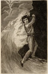 The shipwreck of Robinson Crusoe, engraving in 