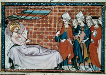 The Sick King of France Saint Louis Addressing His Relatives and the Clergy from the Manuscript Life and Miracles of Saint Louis by William of Saint Pathus