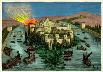 The siege of Paris in 845 by the Vikings with Ragnar Lodbrok at their head, engraving, 19th century