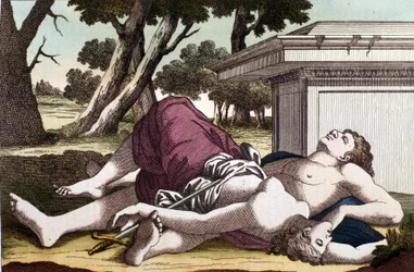 The suicide of Pyramus under the mulberry tree and the death of Thisbe. Convinced that the lioness had devoured Thisbe, Pyramus killed himself and covered the white mulberries with his blood. Thisbe, hiding to escape the lion, finds her love dead and