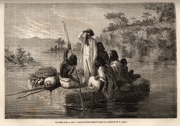 The tankoa, a kind of rectangular raft that can carry 6 to 8 people, consists of straw boots firmly tied together, this boat serves as a ferry and is established at fixed posts to cross the Goumara (Perou River). Drawing by Emile Bayard, to illustrate his 