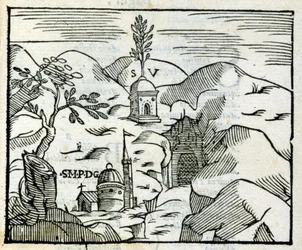 The tomb of Virgil (70 BC - 19 BC) in Pozzuoli. Woodcut after a 17th-century tourist guide.