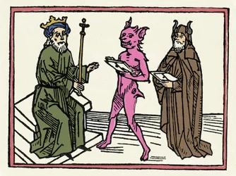 The Trial of Belial: “Demon Belial presents his credentials to Judge Solomon” “Engraving from ‘The Trial of Belial’” by Jacobus de Teramo (or Palladino), Augsburg