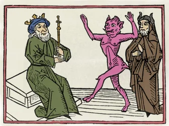 The Trial of Belial: “The demon Belial dances before Judge Solomon.” Engraving from The Trial of Belial by Jacobus de Teramo or Palladino, Augsburg