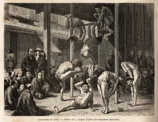 The troupe of the Saltimbanks the gymnasts of Tokyo, they perform under a vast shed or are disposed of bamboo mats, all of them are experienced with these physical exercises but also with the practice of comedy. Engraving to illustrate the journey to Japan