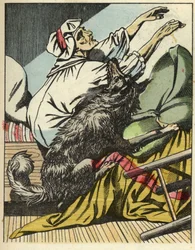 The Wolf Beats the Grandmother of Little Red Riding Hood. Illustration of 
