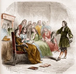 The writer Georges de Scudery during a literary salon organized by his sister, Madeleine de Scudery, in 1650. Engraving from 1860-1861