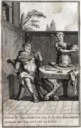Theodoric the Great, king of the Goths, is frightened at the sight of the head of a huge fish serving on his table. Engraving in 
