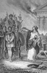 Third Punic War: suicide of the wife of Carthaginian general. Engraving 1884