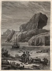 Third voyage (1776-1779) by Captain James Cook: the islands of Kerguelen (Kerguelen archipelago, Antarctica) - illustration taken from The Great Mariners of the 18th century