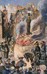 Torture of Michel Servet in Geneva (Michael Servetus) (Michel de Villeneuve), Spanish doctor and theologian (1511-1553) - The torture of Michel Servet (Miguel Serveto) (1511-1553) in Geneva, Spanish doctor and theologian, engraving