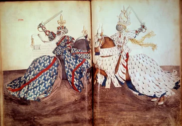 Tournament: Game of the Calling Lord and Defendant Lord (Duke of Brittany and Duke of Bourbon Face). Book of Tournaments (Folio 32v - folio33)