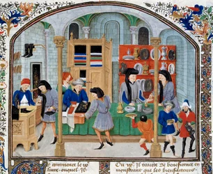 Trade Scene: Merchants in a Shop Present Tableware and Silverware to Their Customers. Miniature taken from an edition of “Ethical, Political and Economic” by Aristotle