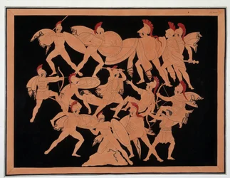Trojan War - in the center: Menelas defends the body of Patrocles from his shield, Ajax armed with an axe strikes Hippothous, Merion unleashes his arrows, attacks the Trojans to take the body of Patrocles