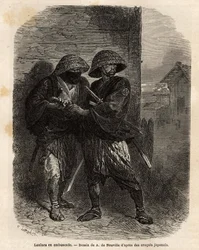 Two ronins (samurai having lost his master) standing in ambush. Engraving to illustrate the voyage to Japan, in 1863-1864, by Aime Humbert, minister of the Swiss Confederation, in Le tour du monde, nouveau journal des voyages published under the direction