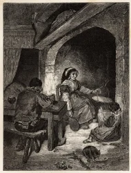 An inn fireplace at Saint Cernin, engraving to illustrate a voyage to the volcanoes of central France in 1864, in Le tour du monde, nouveau journal des voyages published under the direction of Edouard Charton