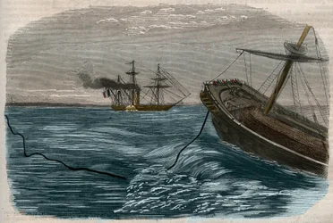 Underwater telegraphic lines: The laying of a submarine cable - Engraving of 1857