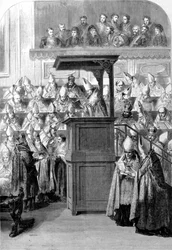 Vatican Council I. The secretary of the Council proclaiming the constitution of the faith. 1870