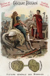Vercingetorix (72-46 BC), leader of the Gallic rebellion, lays down arms at the feet of Caesar (100-44 BC), after definitively losing the city of Alesia - In General History of Coins - Chocolate-Foal Chromolithography of the late 19th century - Private Col