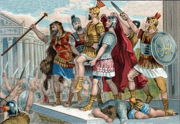 Vespasian (in Latin Titus Flavius Vespasianus) (9-79) was proclaimed emperor by his soldiers. Chromolithography around 1890