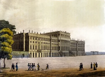 View of Schonbrunn Castle, former residence of the Austrian Imperial Family, Vienna, Austria, engraving around 1830.