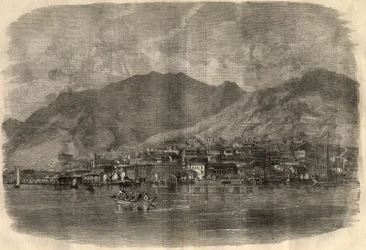View of Victoria City in Hong Kong. Engraving in 