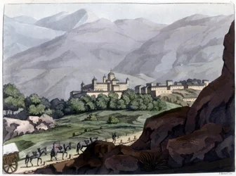 View of the Escorial, palace and monastery of Spain, built under Philip II between 1563 and 1584. Lithograph of the 19th century