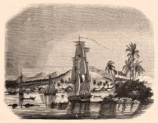 View of the bay Papeete and block Queen, Tahiti, French Polynesia and in the foreground sailboats and boats