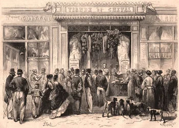 View of the front of a horsemeat butcher in Paris, France