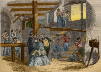 View of the Interior of a Glassware with Glass Blowers. Engraving from 1856 in 