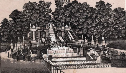 View of the large waterfall in the park of Saint Cloud, France. The world illustrates 168 views. Undated (end 19th century)