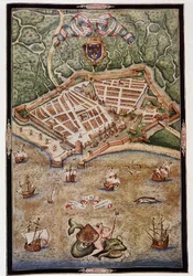 View of the port of Le Havre in 1583 - from an illuminated manuscript by Jacques Delvaux, pilot of the Navy, dedicated to Admiral de Joyeuse