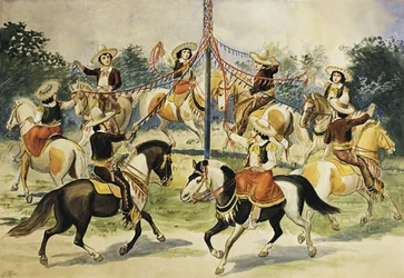 Vintage Poster of Horse Riders Wrapping Ribbons Around Maypole